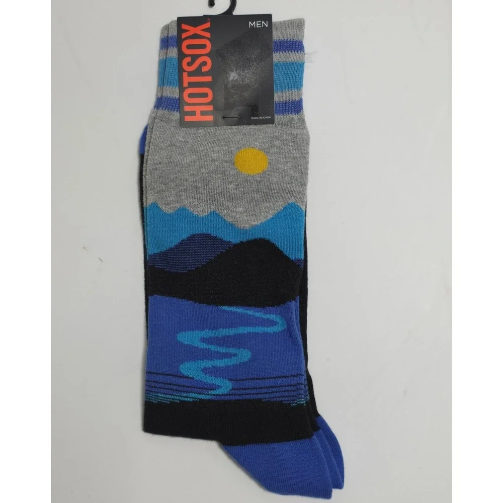 Hot Sox Landscape Mountain River Crew Socks Black/Blue Mens 1 Pair NWT
